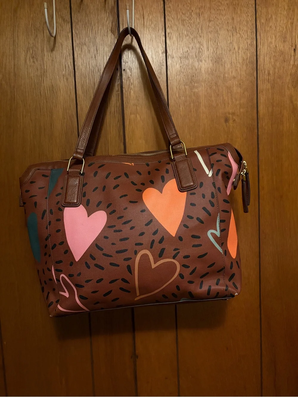 Fossil Jaqueline Tote Bag Large Brown with multiple hearts